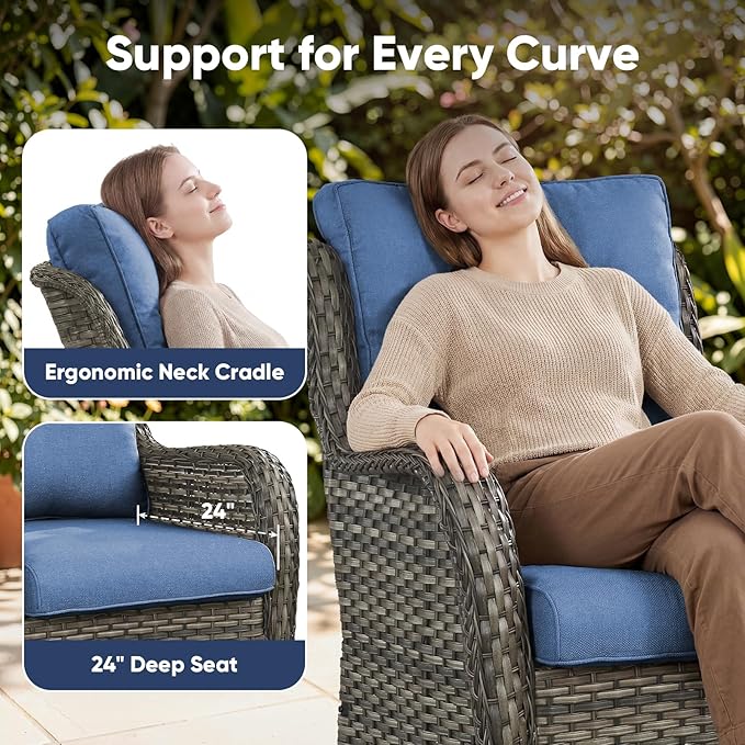 Belord 6 Piece Wicker Patio Furniture Set, Outdoor Swivel Rocker Chairs Set of 2 with Ottomans and Loveseat, All Weather Patio Conversation Furniture Set, for Pool,Yard,SunroomGray Wicker/Blue