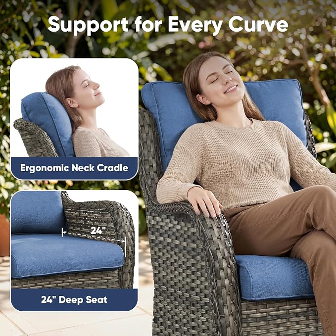 Belord 7 Piece Wicker Patio Furniture Set, Outdoor Swivel Rocker Chairs Set of 2 with Ottomans and Loveseat, All Weather Patio Conversation Furniture Set, for Pool,Yard,SunroomGray Wicker/Blue