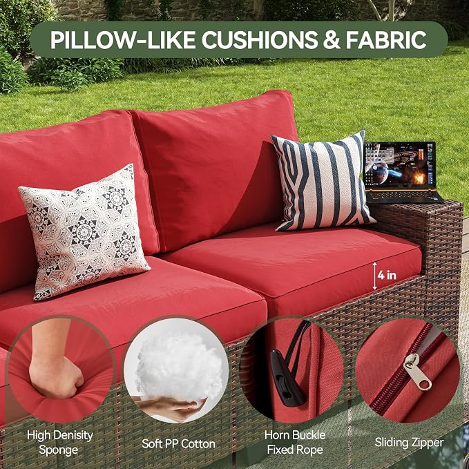 Aoxun Outdoor Furniture with 44'' Fire Pit, 7 Pcs Patio Furniture Set with 4in Thicken Cushion, Widen Armrests Wicker Outdoor Sectional for Backyard (Waterproof Cover Include)
