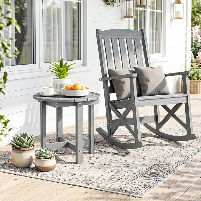 Tangkula Round Outdoor Side Table Set of 2, Adirondack Side Table with Weather-Resistant, Waterproof Top, Small Outside End Table for Patio Deck Pool Porch, Easy Maintenance (Grey,2)