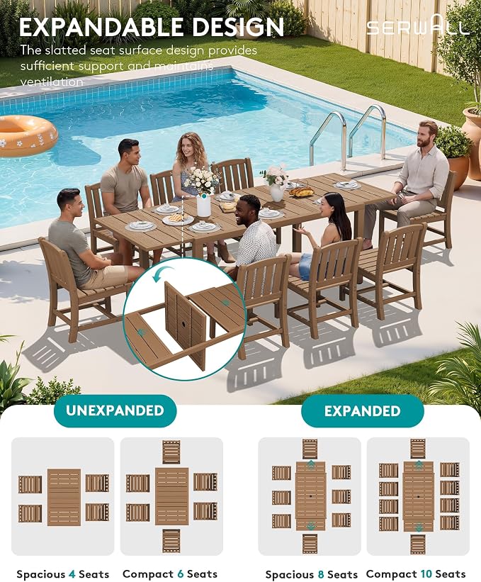 SERWALL 10-Piece Patio Dining Sets with 15FT Patio Umbrella, Brown | 60" - 83" Expandable Outdoor Dining Table and 8 HDPE Chairs, All Weather HDPE Outdoor Furniture Set