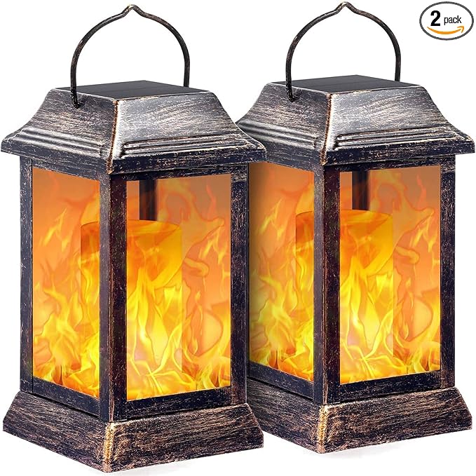 TomCare Flickering Flame Solar Lights Outdoor Metal Hanging Lantern, 2 Pack | Realistic Flame Effect, Charges in 6-8 Hours, 10-12-Hour Runtime, IP65 Waterproof, Auto On/Off for Patio, Garden and Porch