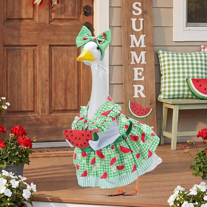 Summer Porch Goose Outfits for 23 Inch Lawn Statue | Watermelon Costume for Plastic/Cement Statue, Duck Sculpture Clothes for Spring Yard Patio Party Decoration