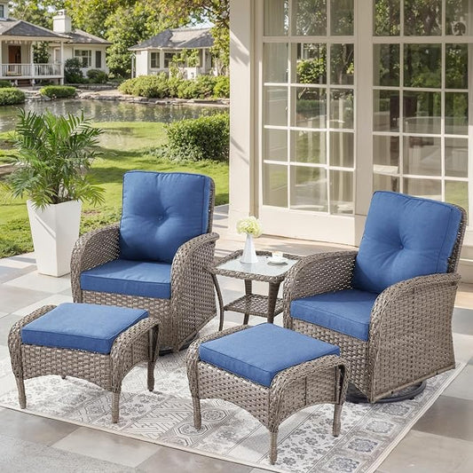 5 Pieces Outdoor Wicker Patio Furniture Set-High Back Outdoor Rocking Chairs Set of 2 with Ottoman Patio Conversation Sets for Deck Lawn Porch Balcony Poolside-Grey/Blue