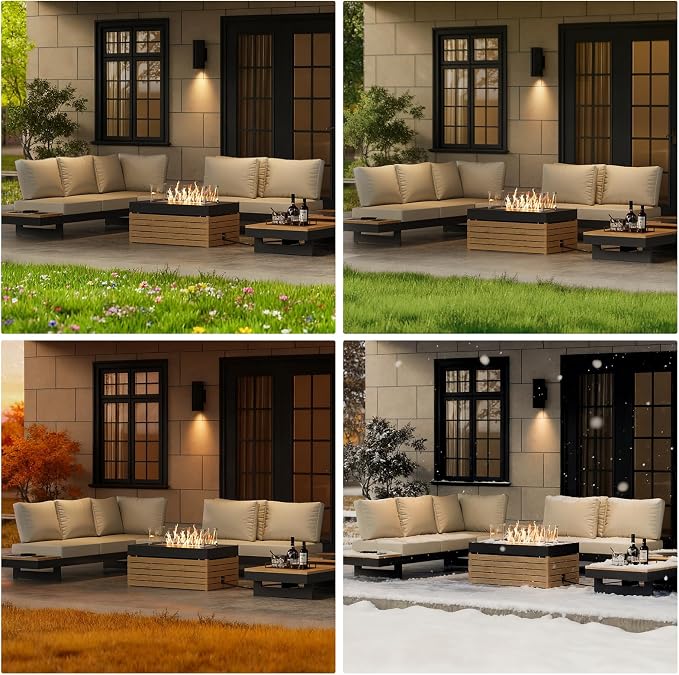 homary Patio Conversation Sets with Fire Pit, Modular Outdoor Sofa Aluminum & Teak Outdoor Sectional with Glass Wind Guard Ideal for Patios & Balconies, 6 Pepole, Beige