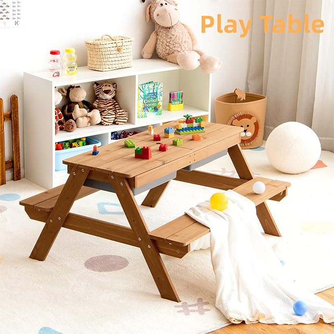 KOTEK Kids Picnic Table, 4 in 1 Sand and Water Table w/Detachable Tabletop, 2 Removable Play Boxes, Foldable & Height Adjustable Umbrella, Wood Sensory Table and Bench for Outdoors, Indoors (Natural)