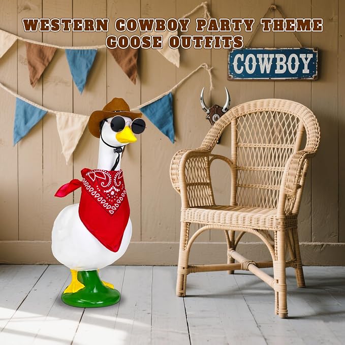 Western Cowboy Porch Goose Outfits, Funny Porch Geese Outfits Goose Costume Clothes for 17''/23" Lawn Cement Plastic Geese Outdoor Statue with Cowboy Hat Bandana for Garden Yard Decoration