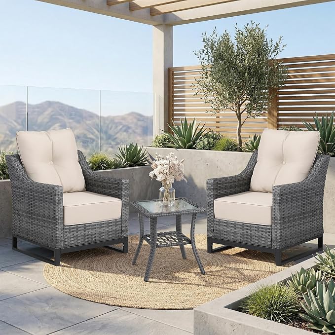 3 Piece Patio Furniture Set,Comfortable Seating Wicker Chairs Set of 2 with Outdoor Side Table, All-Weather Wicker Patio Set with 6 Inch Thick Cushions for Porch Deck Balcony Garden