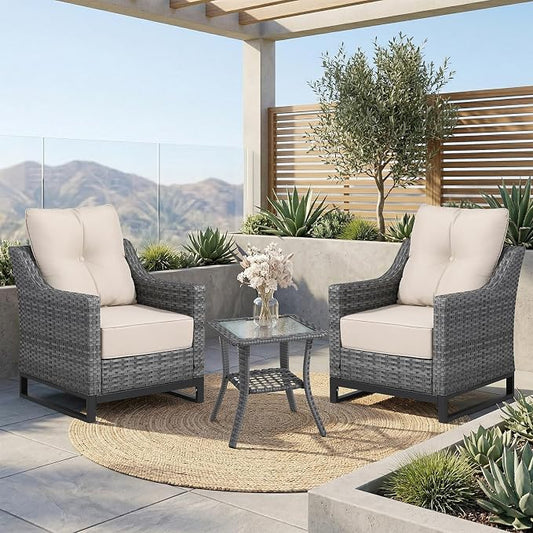 3 Piece Patio Furniture Set,Comfortable Seating Wicker Chairs Set of 2 with Outdoor Side Table, All-Weather Wicker Patio Set with 6 Inch Thick Cushions for Porch Deck Balcony Garden