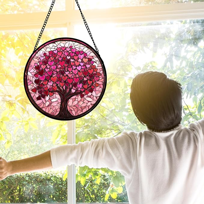 Stained Glass Window Hanging, Birthday Gifts for Women Mom Grandma Nana Wife Couple, Pink Love Tree Suncatcher for Doors Window Home Sun Catchers Gifts Decor 11.8 in