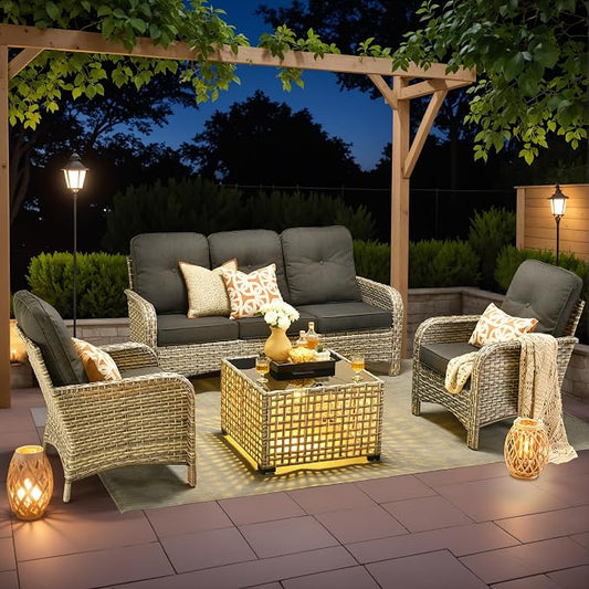 4-Piece Outdoor Patio Furniture Set,All Weather Wicker Rattan Patio Seating Sofa and Chair Set with Glowing Coffee Table,Outdoor Conversation Sets with 3 Seater Couch for Porch Deck Yard,Black