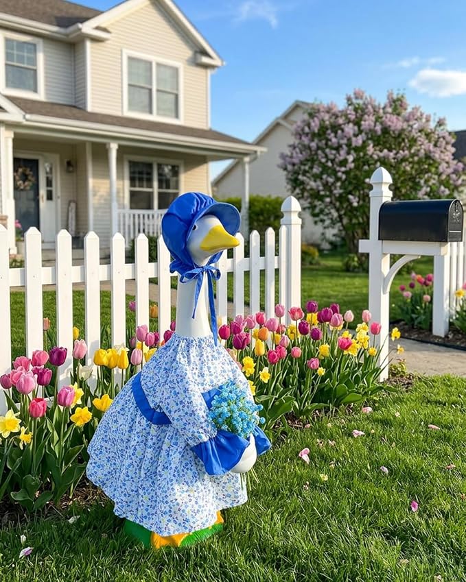 Spring Porch Goose Lady Outfits with Artificial Flowers - 23" Floral Dress Lawn Geese Clothes with Hat, Cute Porch Goose Summer Outfits for Patio Garden Decor, Best Gift for Mom Grandma