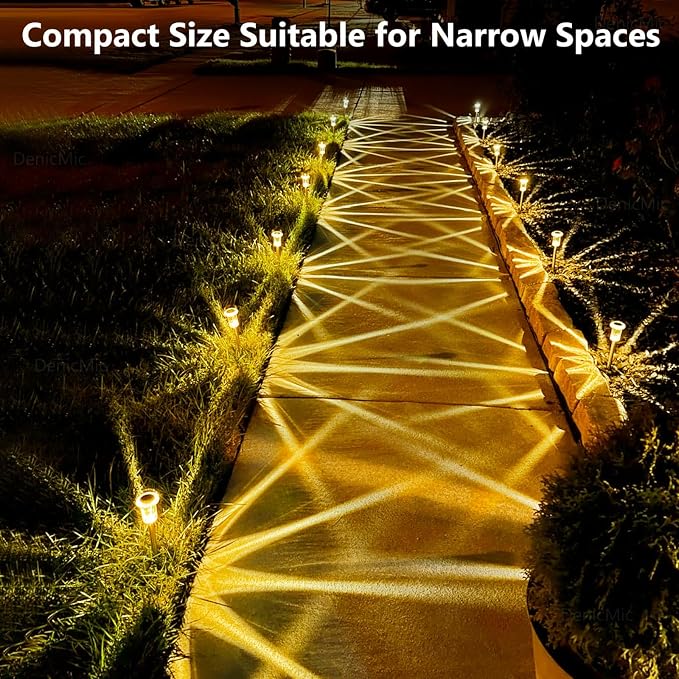 DenicMic 10 Pack Solar Pathway Lights Outdoor Waterproof Warm White LED | Stainless Steel Stake Lights for Yard Garden Decor for Outside Patio Lawn Auto On/Off 3000K Crystal-like Acrylic Lampshade