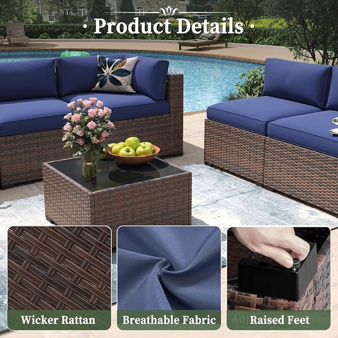 Aoxun 11 Piece Patio Furniture Set with 44” Fire Pit Table Wicker Rattan Outdoor Sectional Sofa Set with Coffee Table and 4” Thickened Cushions, Blue