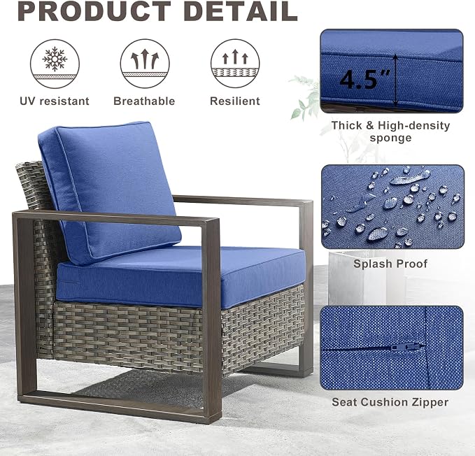 Rilyson Wicker Outdoor Patio Chairs Set of 2, Rattan Patio Furniture Chairs with Sturdy Frame,All-Weather PE Wicker,Wide Armrest,Deep Seating and Thick Cushions for Deck Porch Garden(Mixed Grey/Blue)
