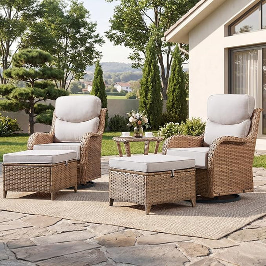 Luxury Outdoor Swivel Rocker Patio Chairs Set of 5, High Back Swivel Patio Chairs with Side Table 6-Inch Thick Cushions Ottomans, Wicker Outdoor Bistro Set for Porch, Yard, Deck, Yellow/Beige