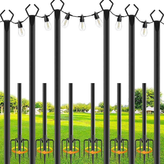 SINLEY 6 Pack String Light Poles,10 Ft Metal Poles with Fork for Outdoor String Lights,Outdoor Light Poles with Fork,Poles/Post/Stand for Outside,Patio,Deck,Backyard,Garden Wedding,Party