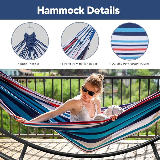 SUNCREAT 2 Person Hammock with Stand, Space Saving Free Standing Hammock with Stand Included, Patent Pending, Blue Red