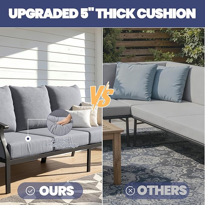 Kullavik Patio Furniture Set,4 Piece Metal Outdoor Patio Furniture Set,All Weather Modern Patio Conversation Sets w/3 Seater Sofa,2 Single Sofas and Coffee Table for Balcony Deck,Grey