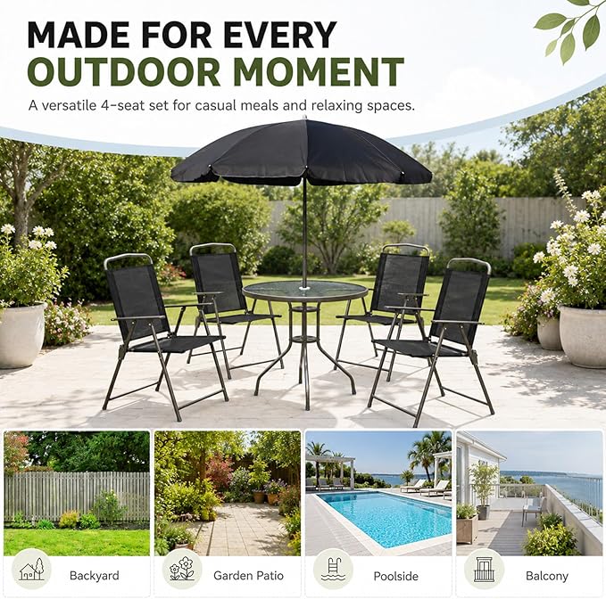 6-Piece Patio Dining Set for 4 with Umbrella, Outdoor Table and Chairs Set with 4 Folding Chairs, Round 31.5" Tempered Glass Table for Garden Backyard Poolside (Black)