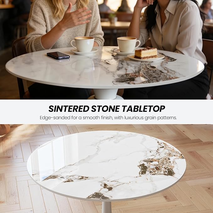 Table Top 31.5″ Round White Marble Sintered Stone - Heat Scratch Stain Resistant for Dining Office Bar Patio, Weatherproof Easy Clean