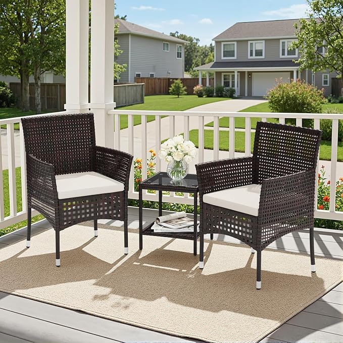Brown All Wicker Rattan Conversation Sofas Outdoor 3 Piece Patio Furniture Set with Glass-top Coffee Table for Garden Balcony and Porch