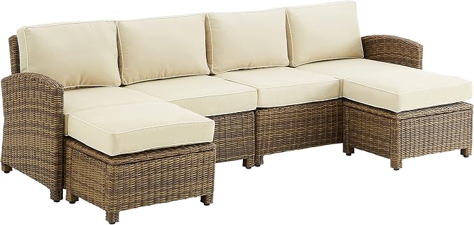 Crosley Furniture Bradenton 4-Piece Outdoor Sectional Sofa Wicker Conversation Patio Furniture Set for Deck, Brown with Sand Cushions
