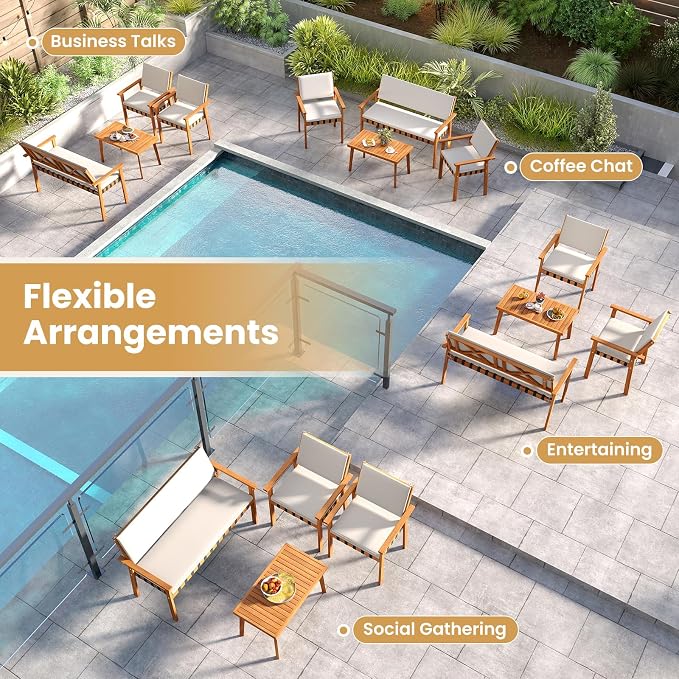Tangkula Acacia Wood Patio Furniture Set, 4 Piece Thick Cushioned Outdoor Conversation Set with 800lbs Capacity Loveseat, 2 Armchairs and Coffee Table, for Backyard, Garden, Deck