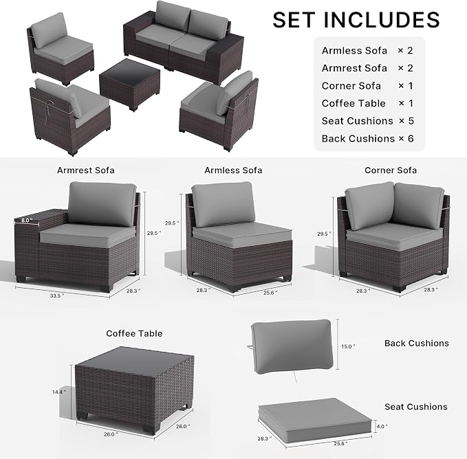 Gotland 6 Pieces Patio Furniture Set with 1 Coffee Table, 5 Seater Rattan Outdoor Sectional with Wide Armrests 29.5'' High Backrest Thick Waterproof Cushions, Conversation Sets for Deck Garden Gray