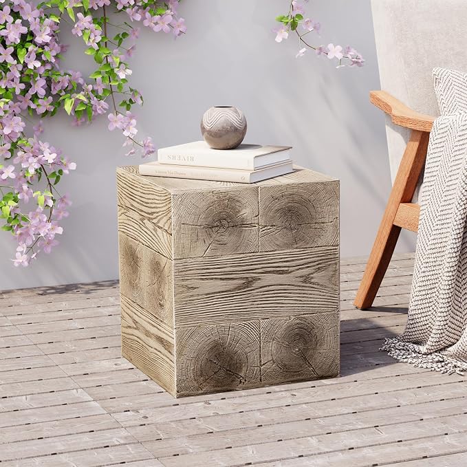 SUNBURY Outdoor Side Table Square, Faux Wooden Concrete Side Table End Table, Stump Stool for Patio Stand, Deck or Garden, Light Walnut