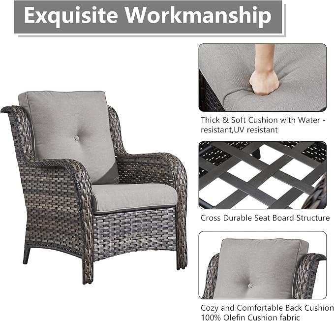 Rilyson Luxury 4 Pieces Patio Wicker Furniture Ottomans, Wicker Patio Chairs Set of 2 with Ottoman, Rattan Outdoor Porch Chair with Thick Cushion for Balcony Deck Yard and Porch (Grey/Grey)