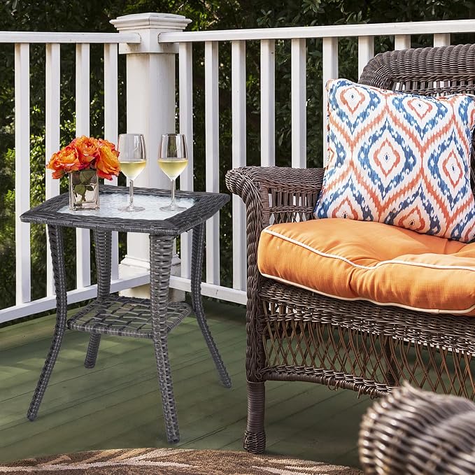 Outvita Rattan Outdoor Side Table with Glass Top & Storage Shelf | Small patio end coffee table, multi-scene furniture for porch, backyard, balcony and indoor living room use