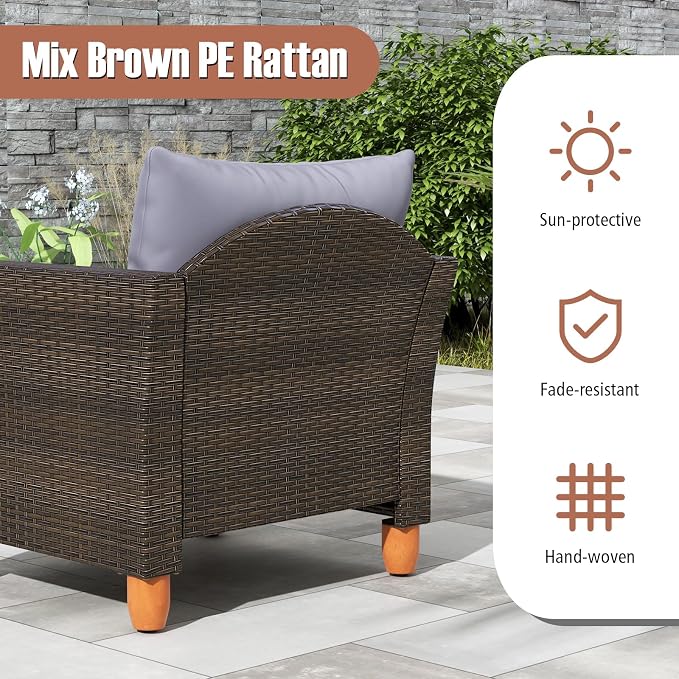 Tangkula 3-Piece Patio Furniture Set, Patiojoy Outdoor PE Wicker Bistro Set with Soft Cushions and Solid Acacia Wood, Outdoor Conversation Set with Porch, Balcony and Garden (Gray)