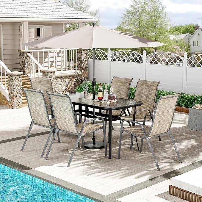 TLSUNNY Patio Dining Set for 6, Outdoor Table and Chairs W/1.69″ Umbrella Hole, 30"X 55" Table and Stackable Textilene Chair, All Weather Patio Furniture Set (Black Table & Brown Chair)