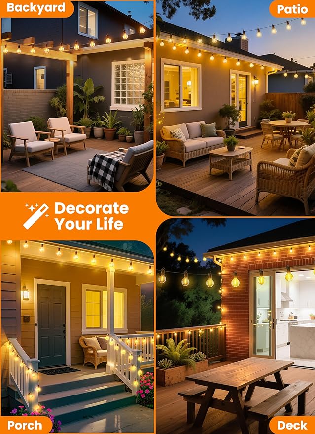 Outdoor String Lights, 25FT 12 LED Bulbs String Lights, IP65 Waterproof Connectable G40 Outside Patio Light for Backyard Porch Balcony Garden Decor Christmas Camping Gazebo