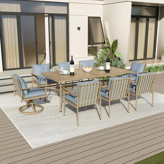 9-Piece Outdoor Dining Set for 8, Aluminum Dining Set with Cushions, 6 Dining Chairs and 2 Swivel Chairs with Rope Backrest,Large Rectangular Table with Umbrella Hole for Lawn Porch Yard,Brown
