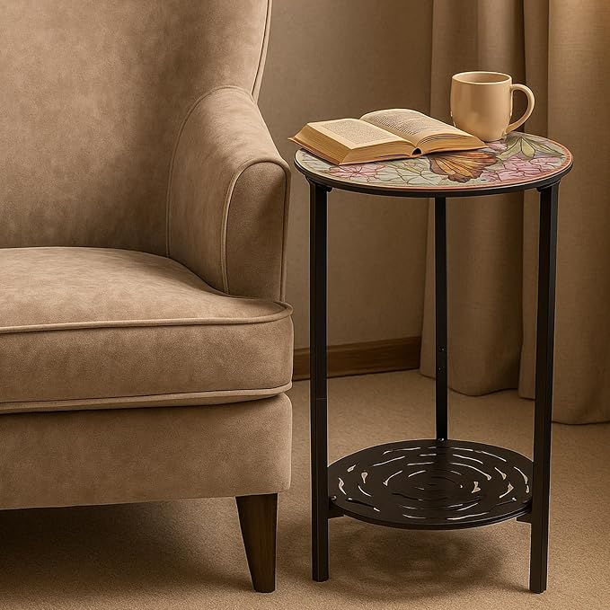 2 Packs Two-Tier Metal Round Side Table Set of Two Black Accent Coffee Tables Small Space Corner Plant Stand Shelf for Indoor Outdoor Use Patio Balcony End Table Weather-Resistant