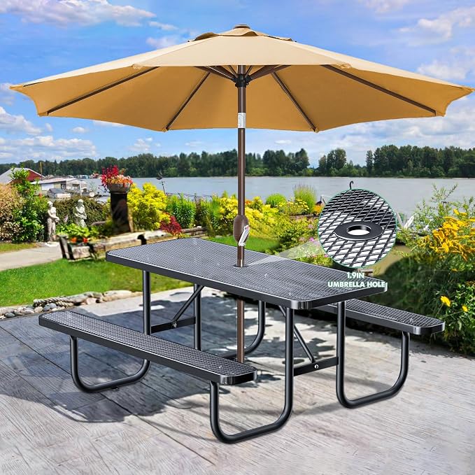 6FT/72IN Heavy Duty Outdoor Picnic Table and 2 Benches for 4-8 People, Weather Resistant Rectangular Steel Picnic Table Set with Umbrella Hole for Yard Patio Lawn Party Black