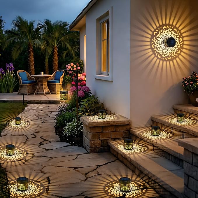 2 Pack Solar Fence Lights Outdoor, Metal Solar Powered Wall Deck Step Light | Mandala Theme, Hanging LED Waterproof Decorative Lighting for Garden Patio Backyard Post Decor, Warm White