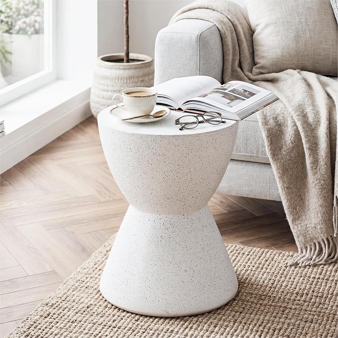 SUNBURY Outdoor Side Table Concrete, 19" H Outdoor End Tables Geometric Hourglass Shaped, Lightweight Round Accent Table, Decorative Modern Garden Stool for Patio, Backyard, Spotted White