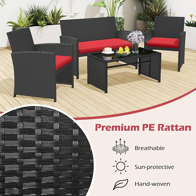 RELAX4LIFE 8-Piece Patio Furniture Set - Wicker Rattan Outdoor Sectional Sofa Set w/Glass Coffee Table, Loveseat, Chairs & Soft Cushions, Bistro Conversation for Garden Porch (2, Black-Red)
