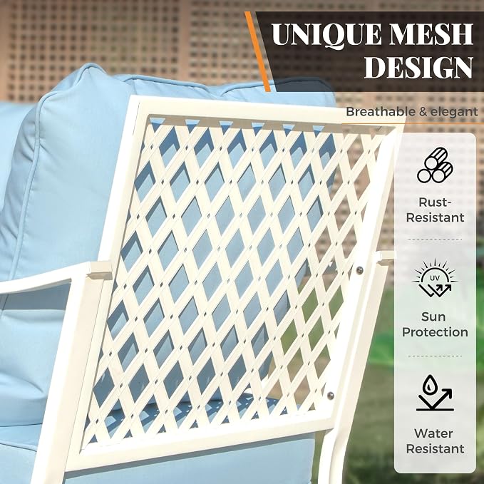 MIXPATIO 6 Piece Patio Furniture Set, 2 x Fixed Chair, 2 x Rocking Chair, 1 x 3-Seat Sofa with Marbling Coffee Table, All Cushioned 7 Seats Outdoor Conversation Set for Lawn Garden Backyard, Blue