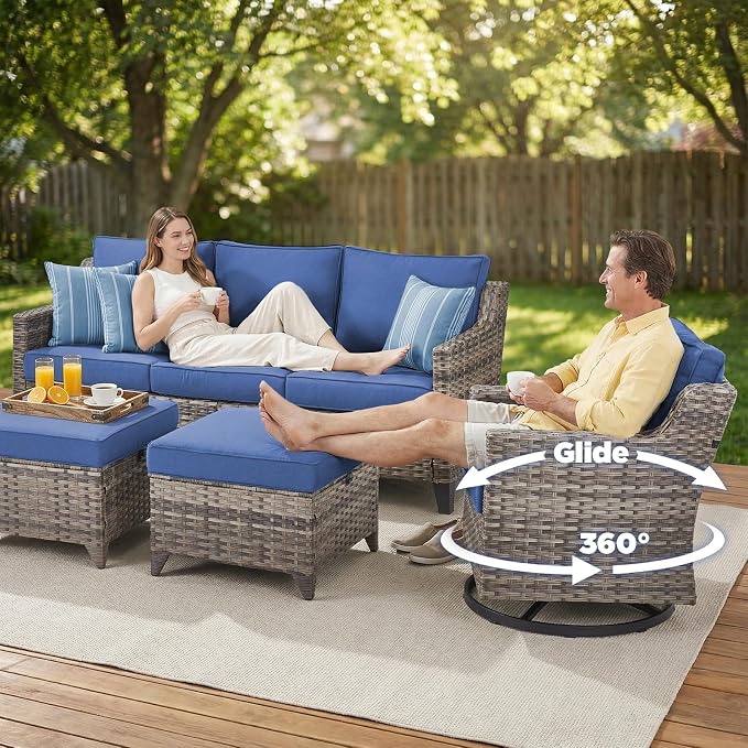Belord Patio Wicker Swivel Rocker Patio Chairs with 3-Seater Sofa and 42.5" Fire Pit Table, Outdoor Furniture Set for Deck Porch Poolside, 8 Piece Patio Conversation Furniture Set,Blue