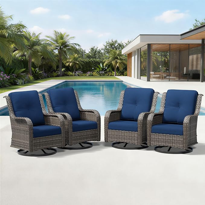 Joyside 4 Piece Outdoor Swivel Rocker Patio Chairs, Wicker Patio Furniture with High Back, Deep Seating, Wide Armrest, Thickened Cushions, Outdoor Rattan Furniture for Deck, Porch Use