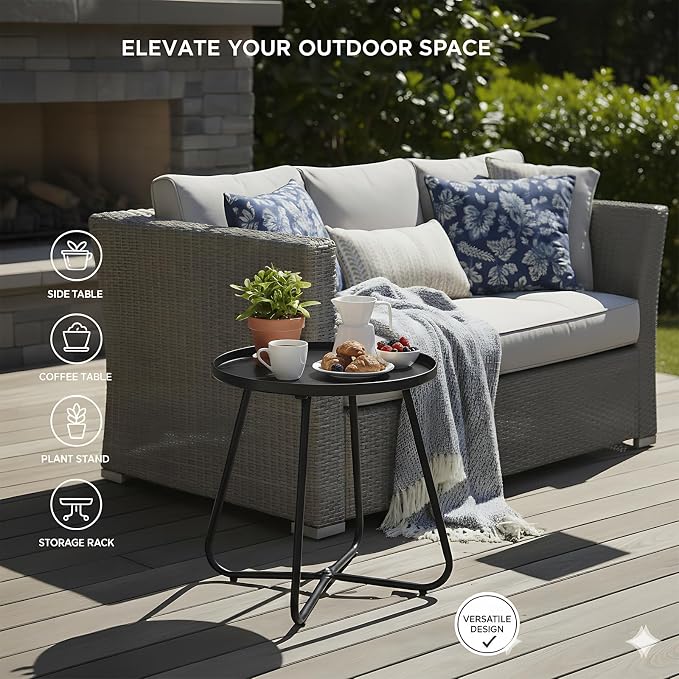 LITA Outdoor Side Table Metal Steel Weather Resistant Round End Table for Patio Balcony Living Room, Small Lightweight Weatherproof Accent Table,Black,Modern