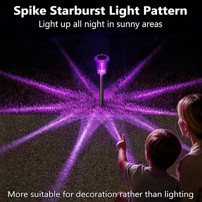 DenicMic Solar Halloween Lights Outdoor 15 Pack Purple LED Halloween Decor | Yard Garden Pathway Walkway Driveway Landscape Spike Style Starburst Light Pattern, IP65 Waterproof, Acrylic/Stainless Steel
