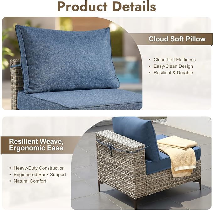 5 Pieces Patio Furniture Set with Solar Light Coffee Table, All-Weather Wicker Outdoor Sectional Conversation Sets L Shaped Sofas for Outside Porch Balcony Backyard Denim Blue