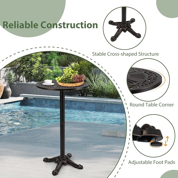 COSTWAY 24" Patio Round Bar Table, 41.5" Pub Height Cast Aluminum High Top Table with Carved Texture for Outdoor, Bistro, Garden, Backyard, Balcony, Poolside, Bronze