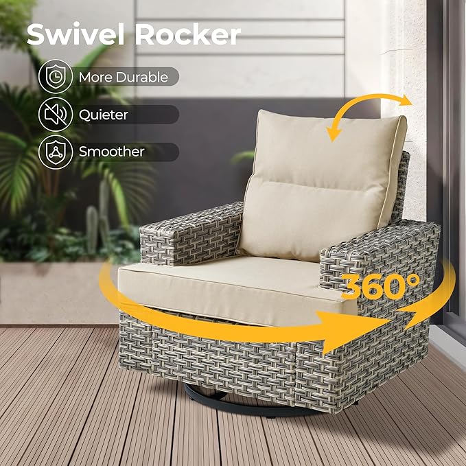 HOOOWOOO Sectional Patio Furniture Set with Fire Pit Table,17 Pieces Wicker Outdoor Furniture L Shaped Couch,Outside Conversation Set Extra Deep Sofa Wide Arm Swivel Chairs Ottoman Solar Light,Beige
