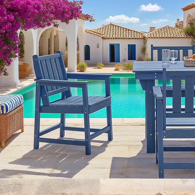 Outdoor Patio Chair, All-Weather HDPE Outdoor Furniture Chairs with Backrest and Armrest, 300 lbs Support Patio Dining Chair for Garden, Deck, Porch, Navy